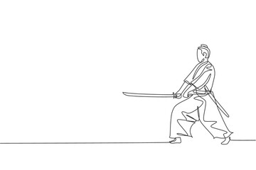 One single line drawing of young Japanese samurai warrior holding katana sword practicing at dojo center vector graphic illustration. Combative martial art concept. Modern continuous line draw design