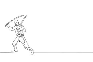One single line drawing of young energetic Japanese traditional ninja holding samurai swords on attack pose vector illustration. Combative martial art sport concept. Modern continuous line draw design