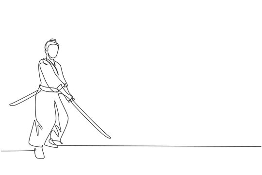 Single continuous line drawing of young strong samurai warrior wearing traditional uniform holding sword at festival. Ancient fighter soldier concept. Trendy one line draw design vector illustration