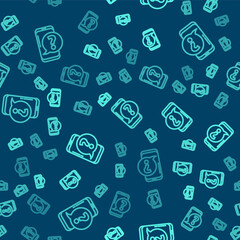 Green line Mobile phone with question icon isolated seamless pattern on blue background. Vector Illustration.