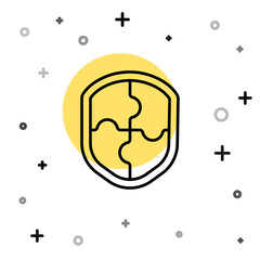 Black line Shield icon isolated on white background. Guard sign. Security, safety, protection, privacy concept. Random dynamic shapes. Vector Illustration.