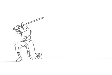 One continuous line drawing of young brave Japanese ninja character on black costume with attacking position. Martial art fighting concept. Dynamic single line draw design vector graphic illustration © Simple Line