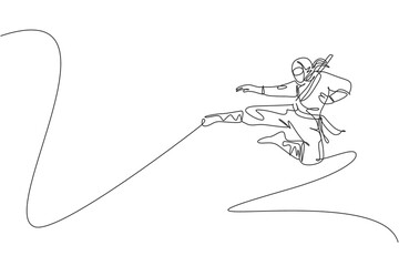 Single continuous line drawing of young Japanese culture ninja warrior with jumping kick attack pose. Martial art fighting samurai concept. Trendy one line draw graphic design vector illustration © Simple Line