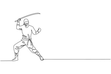 One continuous line drawing of young brave Japanese ninja character on black costume with attacking position. Martial art fighting concept. Dynamic single line draw graphic design vector illustration
