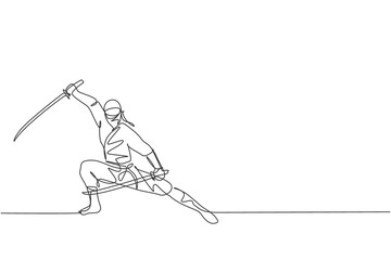 One continuous line drawing of young brave Japanese ninja character on black costume with attacking position. Martial art fighting concept. Dynamic single line draw design vector graphic illustration