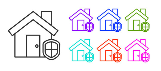Black line House under protection icon isolated on white background. Home and shield. Protection, safety, security, protect, defense concept. Set icons colorful. Vector Illustration.