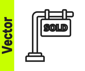 Black line Hanging sign with text Sold icon isolated on white background. Sold sticker. Sold signboard. Vector Illustration.