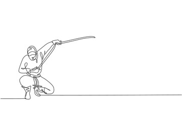 One continuous line drawing of young brave Japanese ninja character on black costume with attacking position. Martial art fighting concept. Dynamic single line draw design graphic vector illustration © Simple Line