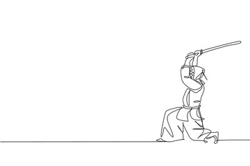 One continuous line drawing of young sporty man training kendo attack fighting skill in dojo center. Healthy martial art sport concept. Dynamic single line draw graphic design vector illustration