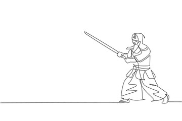 One single line drawing of young energetic man exercise kendo stance position with wooden sword at gym center vector illustration. Combative fight sport concept. Modern continuous line draw design
