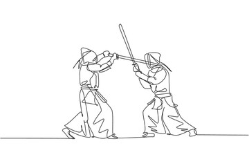 One continuous line drawing of two young sporty men training kendo fighting skill with sparring in dojo center. Healthy martial art sport concept. Dynamic single line draw design vector illustration