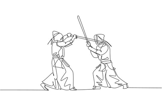 recommend clip art: One continuous line drawing of two young sporty men training kendo fighting skill with sparring in dojo center. Healthy martial art sport concept. Dynamic single line draw design vector illustration