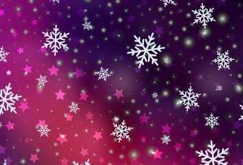 Dark Pink vector template with ice snowflakes, stars.