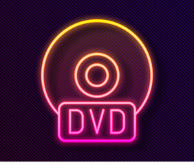 Glowing neon line CD or DVD disk icon isolated on black background. Compact disc sign. Vector Illustration.