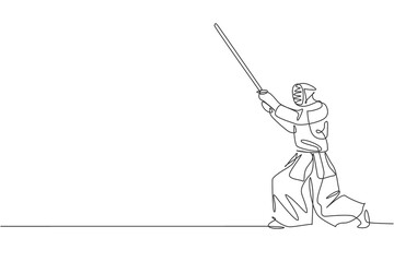 One continuous line drawing young sporty man train blocking enemy attack on kendo skill at dojo center. Healthy martial art sport concept. Dynamic single line draw graphic design vector illustration