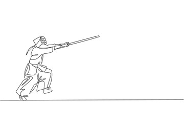 Single continuous line drawing of young sportive man practicing kendo attack hit martial art skill on gym sport center. Fighting sport concept. Trendy one line draw graphic design vector illustration