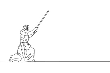 Single continuous line drawing of young sportive man practicing kendo blocking attack martial art skill on gym sport center. Fighting sport concept. Trendy one line draw design vector illustration