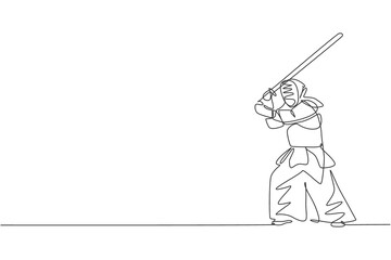 One continuous line drawing of young sporty man training kendo stance for fighting skill in dojo center. Healthy martial art sport concept. Dynamic single line draw design vector graphic illustration