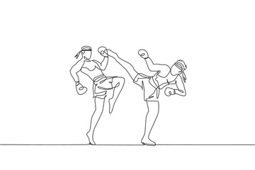 Fototapeta na wymiar One single line drawing of two young energetic muay thai fighter men fight sparring at gym fitness center vector illustration. Combative thai boxing sport concept. Modern continuous line draw design