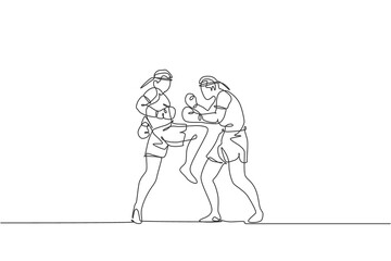 Fototapeta na wymiar One continuous line drawing two young sporty muay thai boxer men preparing to fight sparring at boxing arena. Fighting sport game concept. Dynamic single line draw design graphic vector illustration
