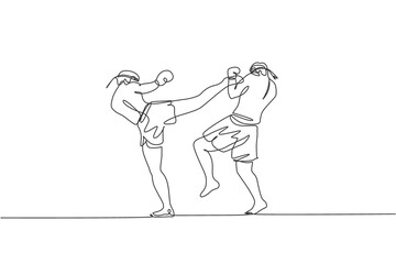 Fototapeta na wymiar Single continuous line drawing of two young sportive men training thai boxing at gym club center. Combative muay thai sport concept. Competition event. Trendy one line draw design vector illustration