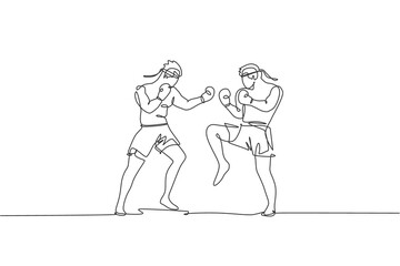 Fototapeta na wymiar One single line drawing of two young energetic muay thai fighter men sparring fight at gym fitness center vector illustration. Combative thai boxing sport concept. Modern continuous line draw design