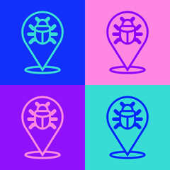 Pop art line System bug concept icon isolated on color background. Code bug concept. Bug in the system. Bug searching. Vector.