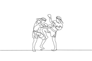 Fototapeta na wymiar One continuous line drawing of two young sporty muay thai boxer men preparing to fight sparring, duel at box arena. Fighting sport game concept. Dynamic single line draw design vector illustration