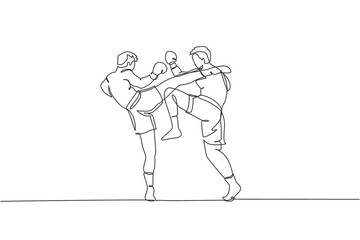 Fototapeta na wymiar Single continuous line drawing of two young sportive men train fight sparring thai boxing at gym center together. Combative muay thai sport concept. Trendy one line draw design vector illustration