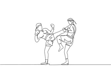 One single line drawing of two young energetic muay thai fighter men train to duel at gym fitness center vector illustration. Combative thai boxing sport concept. Modern continuous line draw design