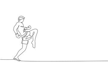 One continuous line drawing of young sporty muay thai boxer man preparing to fight, stance kick at box arena. Fighting sport game concept. Dynamic single line draw design vector illustration graphic