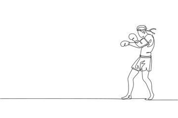 One single line drawing of young energetic muay thai fighter man exercising at gym fitness graphic center vector illustration. Combative thai boxing sport concept. Modern continuous line draw design