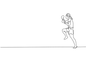 One continuous line drawing of young sporty muay thai boxer man preparing to fight, stance kick at box arena. Fighting sport game concept. Dynamic single line draw design vector graphic illustration