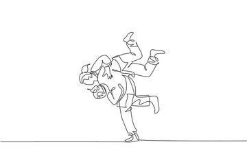 Single continuous line drawing two sportive judoka fighter women practice judo skill at dojo gym center. Fighting jujitsu, aikido sport concept. Trendy one line draw graphic design vector illustration