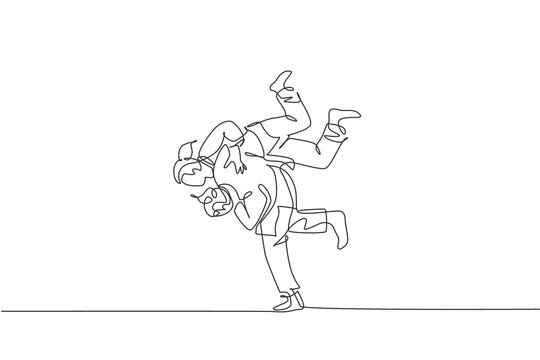 Single continuous line drawing two sportive judoka fighter women practice judo skill at dojo gym center. Fighting jujitsu, aikido sport concept. Trendy one line draw graphic design vector illustration