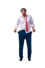 Young unhappy male employee isolated on white