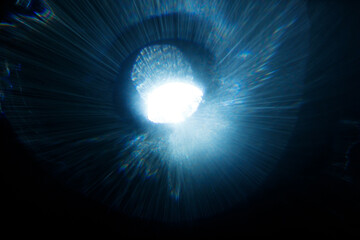 Easy to add lens flare effects for overlay designs or screen blending mode to make high-quality images. Abstract sun burst, digital flare, iridescent glare over black background.