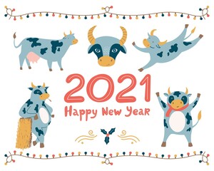 Vector set with symbol of New Year. Chinese calendar, 2021 year of ox. Funny character of cows and bulls. Hand drawn lettering