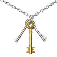 Gold and silver keys on a chain isolated on white background. 3D illustration