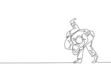 Single continuous line drawing of two young sportive judoka fighter men practice judo skill at dojo gym center. Fighting jujitsu, aikido sport concept. Trendy one line draw design vector illustration