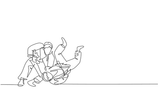 recommend clip art: One single line drawing of two young energetic judokas fighter men battle fighting at gym center graphic vector illustration. Martial art sport competition concept. Modern continuous line draw design