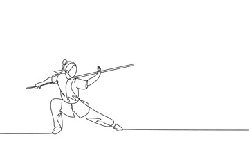 Single continuous line drawing of young woman wushu fighter, kung fu master in uniform train with long staff at dojo center. Fighting contest concept. Trendy one line draw design vector illustration