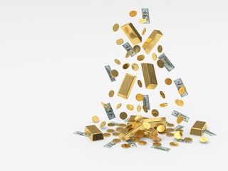 Heap of falling gold bars, coins and dollar bills isolated on white background. 3D illustration