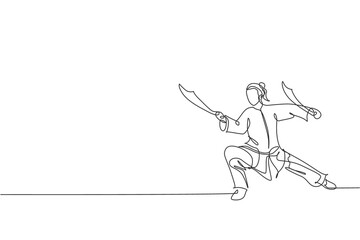 One single line drawing of young woman on kimono exercise wushu martial art, kung fu technique with swords on gym center vector illustration. Fighting sport concept. Modern continuous line draw design