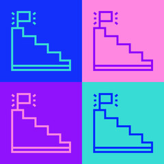 Fototapeta premium Pop art line Stair with finish flag icon isolated on color background. Career growth business concept. Concept of business development. Vector.