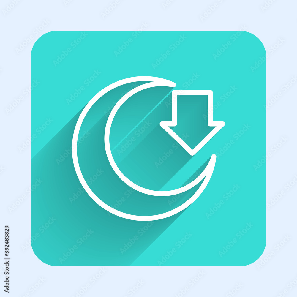 Poster white line moon icon isolated with long shadow. green square button. vector.