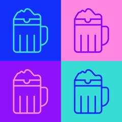 Pop art line Wooden beer mug icon isolated on color background. Vector.