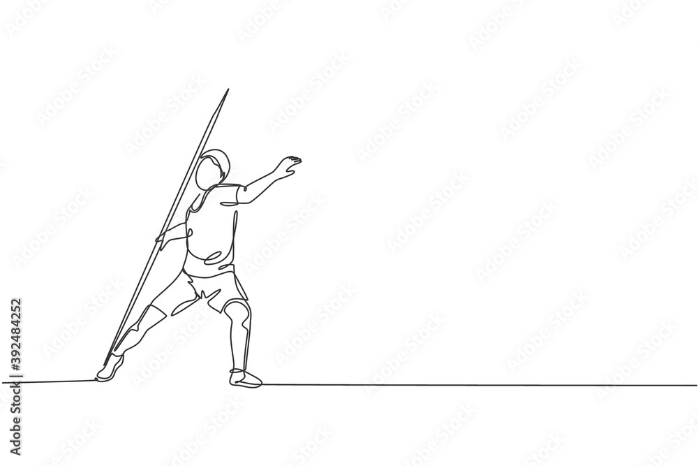 Poster one single line drawing of young energetic man exercise throw javelin with all the power vector illu