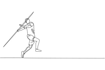 Single continuous line drawing of young sportive man practice to focus before power throw javelin on the court stadium. Athletic games sport concept. Trendy one line draw design vector illustration
