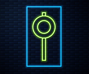 Glowing neon line Road traffic sign. Signpost icon isolated on brick wall background. Pointer symbol. Street information sign. Direction sign. Vector.